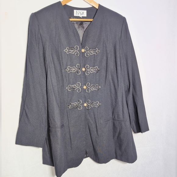 Vintage J.P. Fall 18 Black Military Style Jacket Skirt Suit Elaborate Closure - Picture 2 of 11